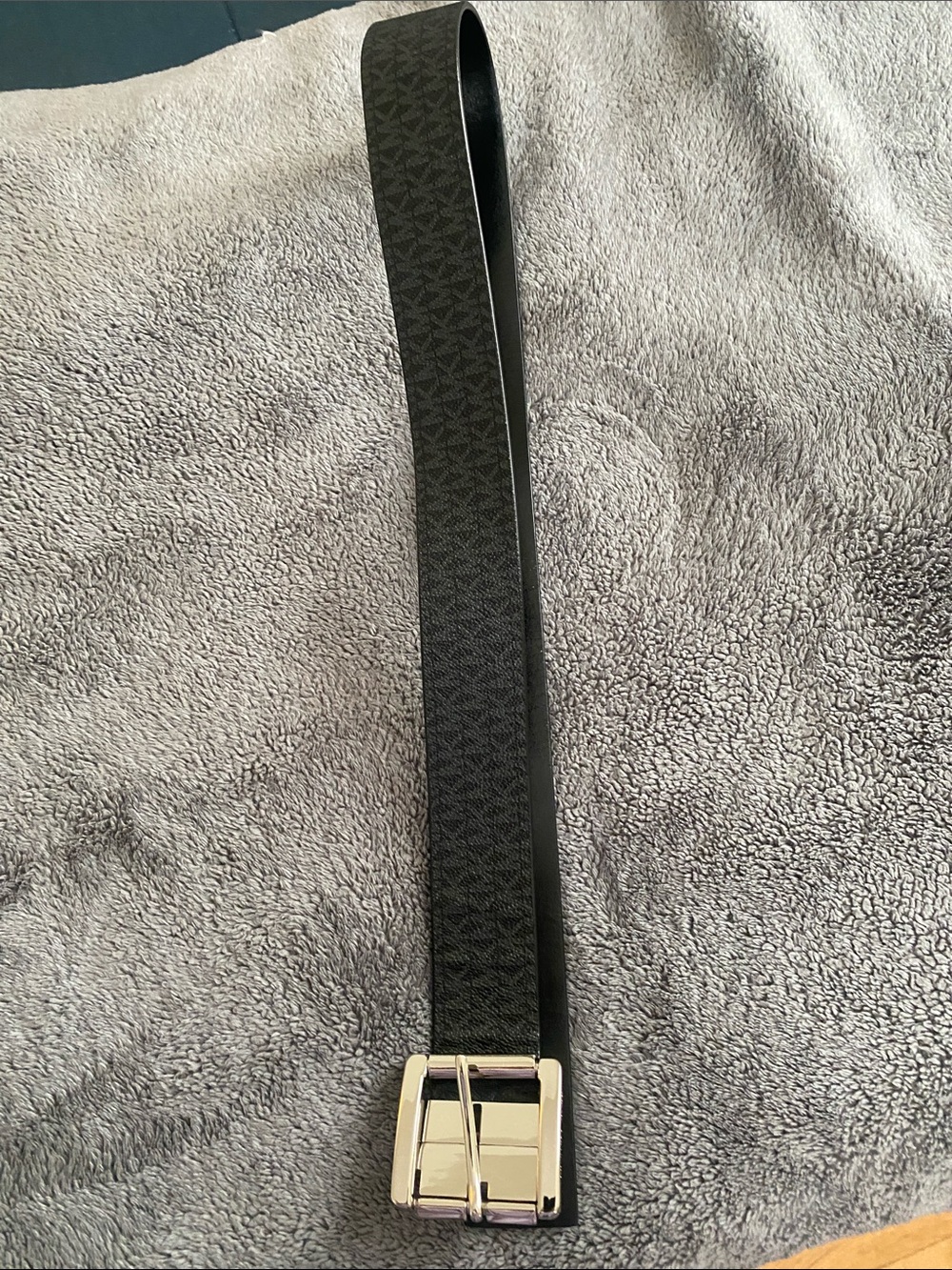 Michael Kors Black Monogram Leather Belt with Silver-Tone Buckle